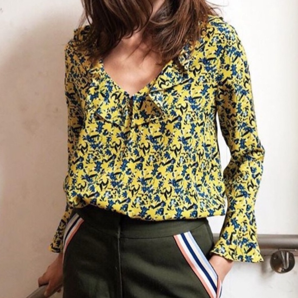 Tanya Taylor Yellow Floral Printed Silk Blouse Size Small EUC